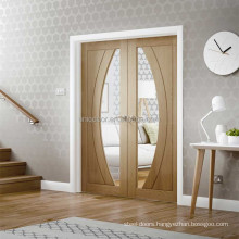 Uniqdoor living room french door oak wood veneer entry door clear glass inserts design